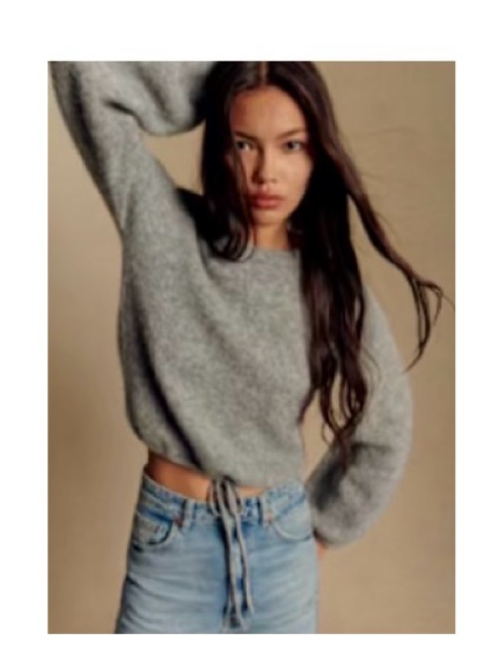 Sezane Gray Cropped Drawstring Crewneck Sweater